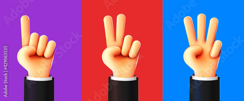 Cute 3D Hands counting one two three. Three steps or options concept.