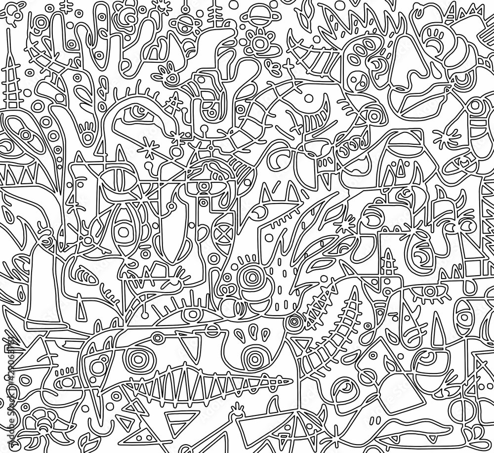 Black and white cartoon pattern on white background, abstract design
