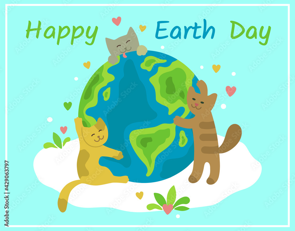 Happy Earth day flat vector banner. Сute cats hug the globe on the cloud.  Cats love