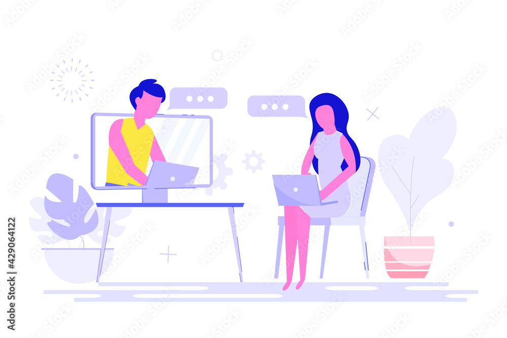 Concept girl and man communicate on the internet. The girl looks at the TV and sees the interlocutor. Vector illustration