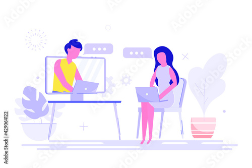Concept girl and man communicate on the internet. The girl looks at the TV and sees the interlocutor. Vector illustration
