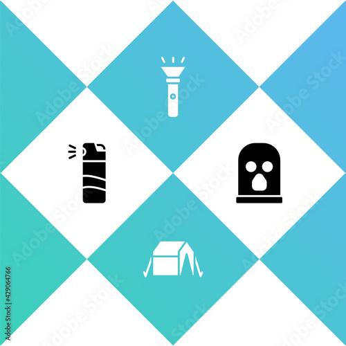Set Pepper spray, Tourist tent, Flashlight and Balaclava icon. Vector
