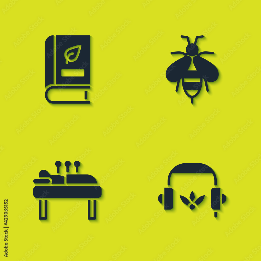 Set Medical book, Headphones for meditation, Acupuncture therapy and Bee icon. Vector Set Medical book, Headphones for meditation, Acupuncture therapy and Bee icon. Vector