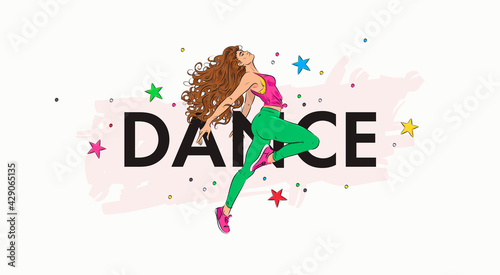 Dance studio landing web page, concept banner design template. Vector illustration of dancing woman