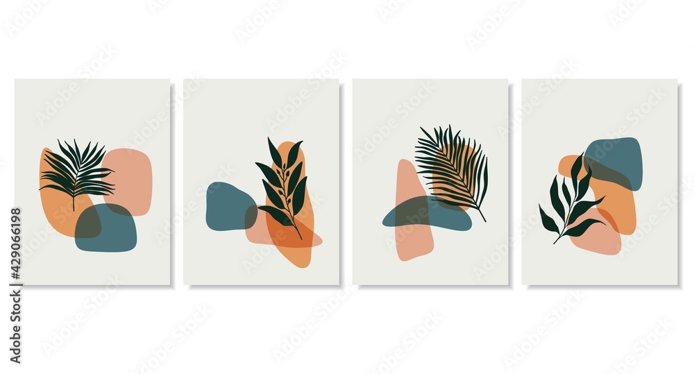 Abstract backgrounds with minimal shapes and line art leaf. 