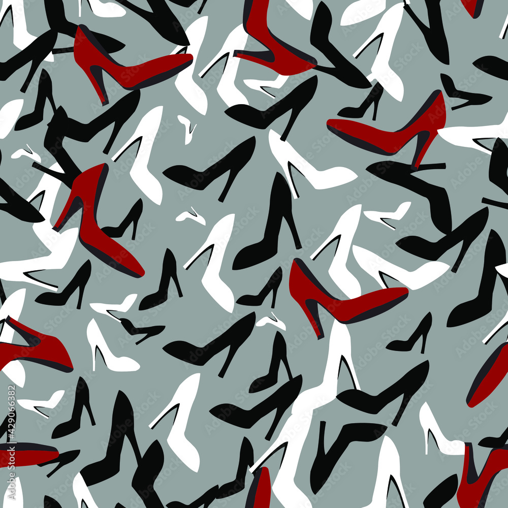 seamless vector pattern with the image of women's shoes in black white and red for the design of the interiors of retail space and for prints on fabric or packaging seamless vector pattern with the image of women's shoes in black white and red for the design of the interiors of retail space and for prints on fabric or packaging