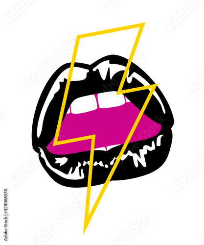 vector illustration of sensual woman lips with lightning symbol. Design for stickers, t-shirts or posters.