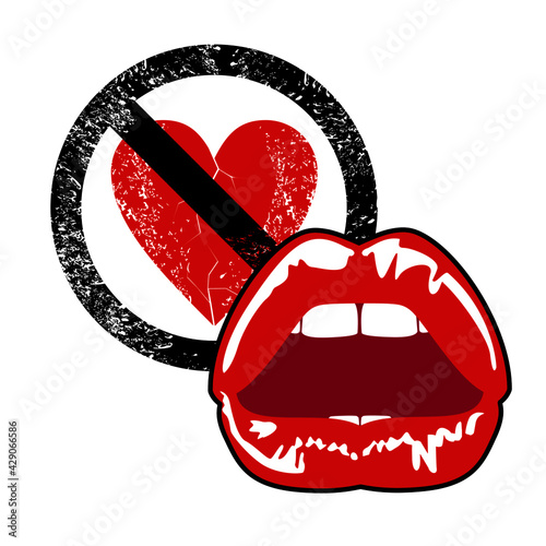 Vector illustration of a red heart, the forbidden sign and sexy lips. Design for anti-valentine