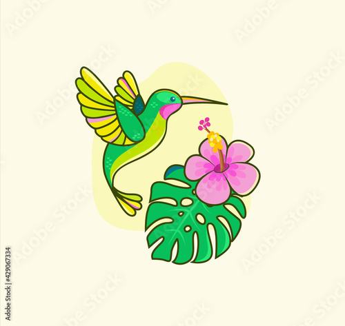 Funny colorful hummingbird flying near tropic flower.Colibri for design birthday cards,zoo ad,fashion print,stickers,invites,nature concept,children book.Bird in wild life.South America fauna.Vector