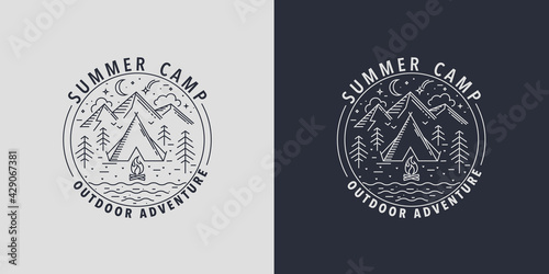 Summer Camp Badges.Logo for camping activities in wildlife.Emblem for scout with tent,bonfire, mountain,river and forest.Time for fun and activity programs in summertime holiday.Vector illustration.