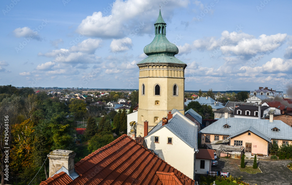 Part of the castle is a defensive tower, today a bell tower. For its slight slope, it is called the Small Leaning Tower of Pisa in the city of Zhovkva, Lviv region, Ukraine