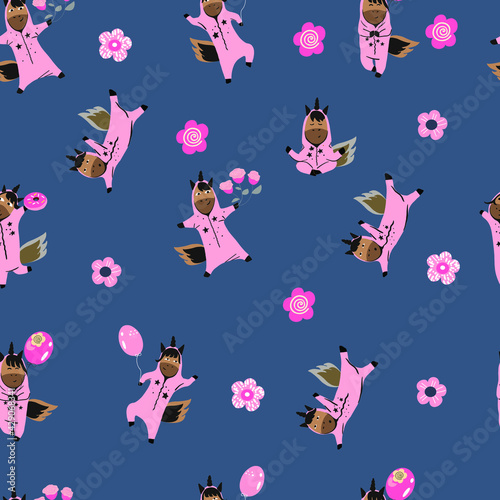 Seamless pattern pajama party with unicorns, unicorns in pajamas, funny unicorns, cartoon characters, flowers, balloons, night party