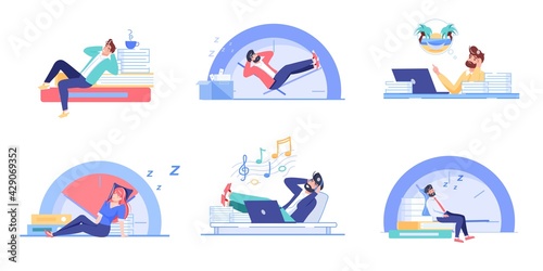 Set of vector cartoon flat office worker characters procrastinating.Bad employees sleeps,vacation dreaming,listen to music-procrastination,work productivity,deadline failure web site banner concept
