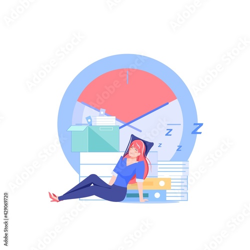 Vector cartoon flat manager office worker character procrastinating at workplace.Bad employee sleeping-procrastination,work productivity,workflow organization,deadline failure web site banner concept