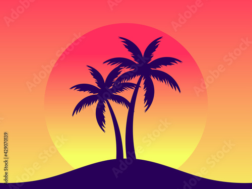 Palm trees against a gradient sun in the style of the 80s. Synthwave and retrowave style. Orange color. Design for advertising brochures, banners, posters, travel agencies. Vector illustration © andyvi