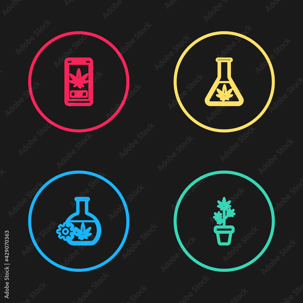 Set line Test tube with marijuana, Marijuana plant in pot, and Online buying icon. Vector Set line Test tube with marijuana, Marijuana plant in pot, and Online buying icon. Vector