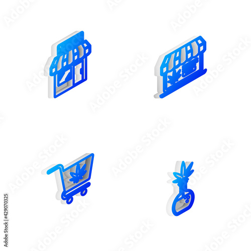 Set Isometric line Online buying marijuana, Marijuana and cannabis store, Shopping cart with and Test tube icon. Vector