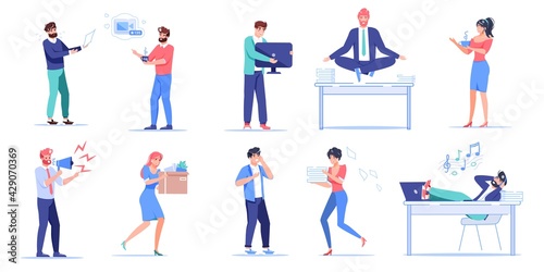 Set of vector cartoon flat employee characters at work scenes.Office employees upset,happy,in deadline hurry,procrastinates,in panic,carries things-various workflow situations web site banner concept