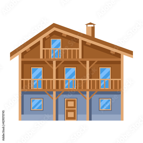 Illustration of wooden chalet house. Adversting icon for travel industry and business.