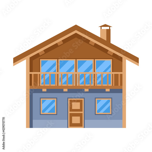 Illustration of wooden chalet house. Adversting icon for travel industry and business.