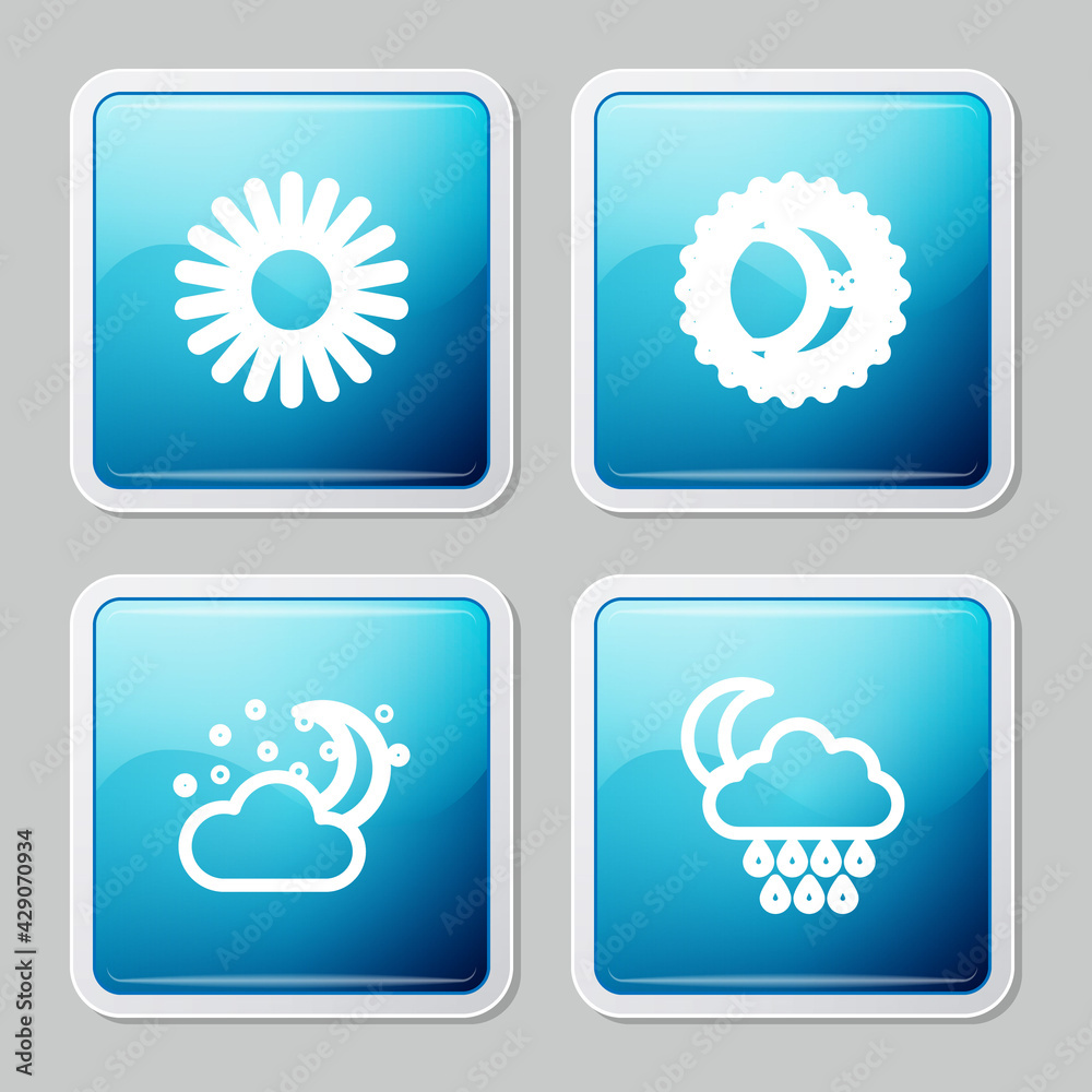 Set line Sun, Eclipse of the sun, Cloud with moon and stars and rain icon. Vector Set line Sun, Eclipse of the sun, Cloud with moon and stars and rain icon. Vector