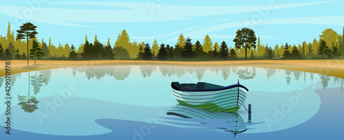 Lake boat in sunrise fog.  Sunrise lake boat view. Lake boat forest scene. Reflection of forest and boats in water. Beauty world.
