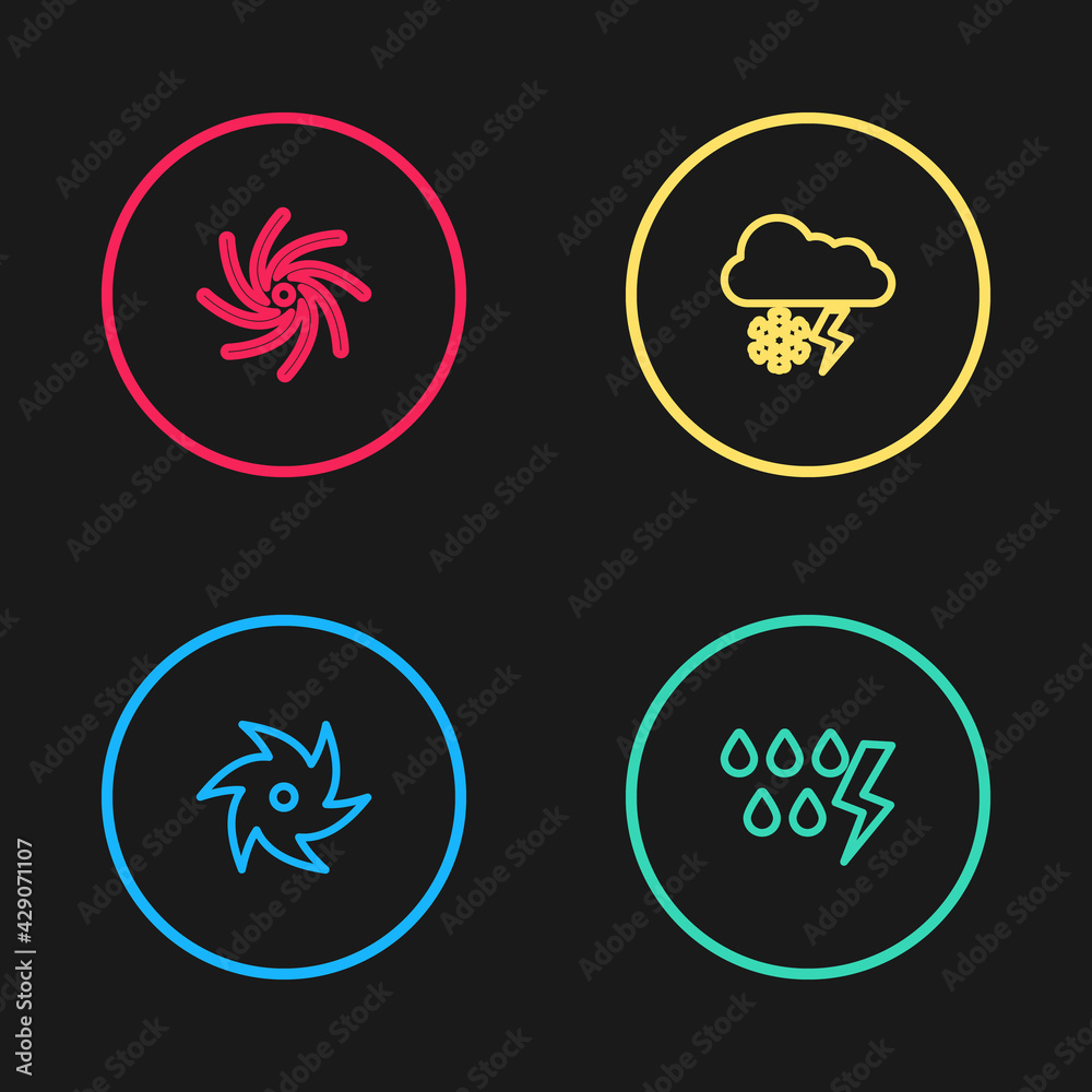 Set line Tornado, Storm, Cloud with snow and lightning and icon. Vector