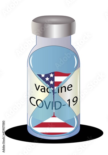 Tiempo límite para vacunar en EEUU contra la Covid-19. Vial de la vacuna contra la Covid-19 con reloj de arena y la bandera de EEUU