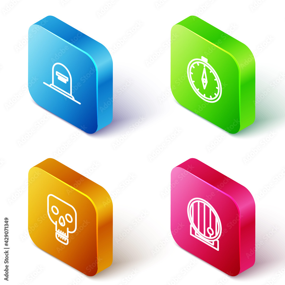 Set Isometric line Tombstone with RIP written, Compass, Skull and Wooden barrel icon. Vector Set Isometric line Tombstone with RIP written, Compass, Skull and Wooden barrel icon. Vector
