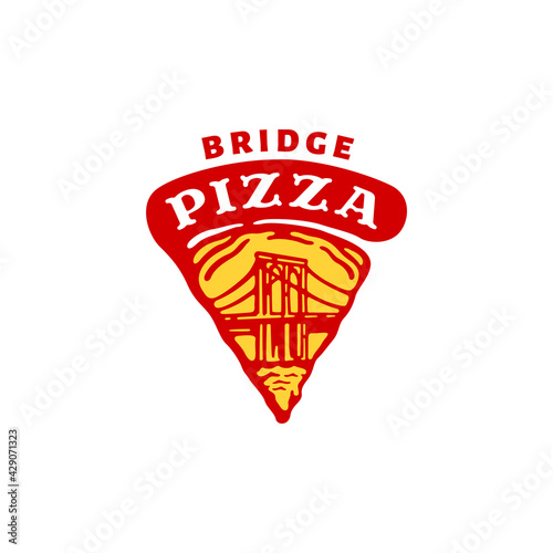 logo of slice pizza with bridge illustration in doodle vintage design