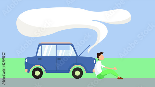 Happy successful man is standing next to a yellow car on a background. Vector illustration in cartoon style