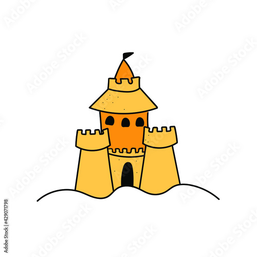 Doodle sand castle. hand drawn of a sand castle isolated on a white background. Vector illustration sticker, icon, design element. Vector illustration