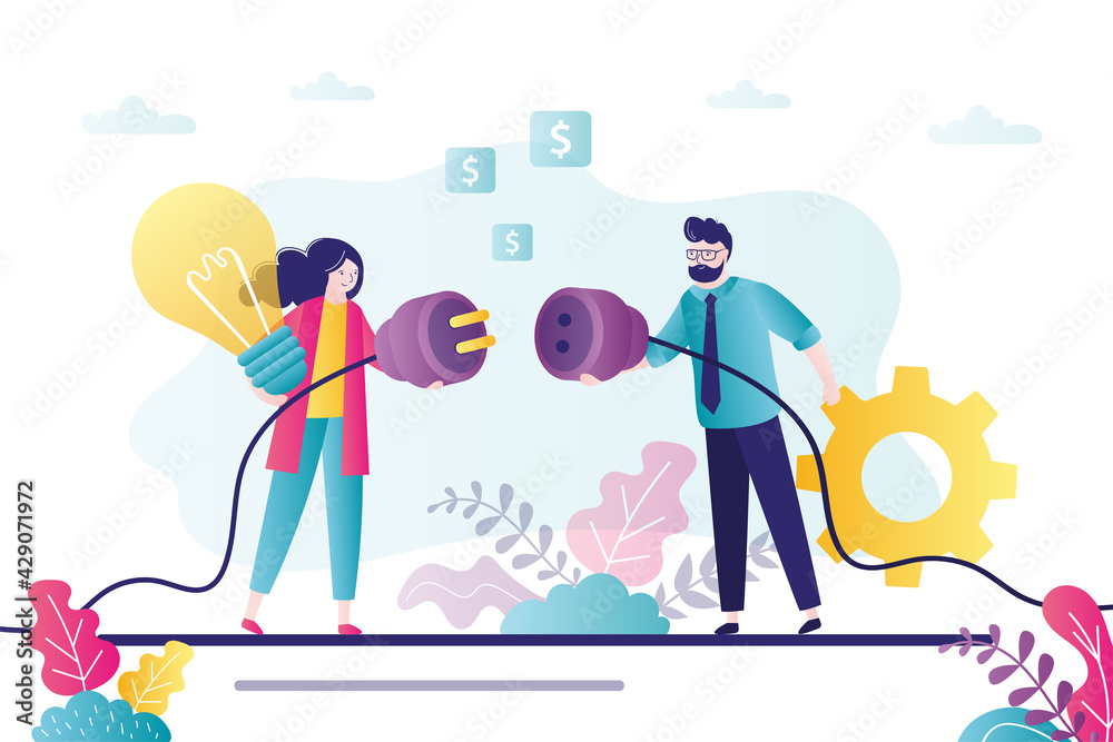 Two business people pulling wires to each other. Man and woman hold electric wires with plugs. Concept of business connection, teamwork.