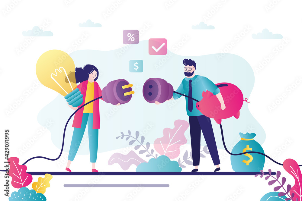 Office workers connecting plug and outlet. Female character holds light bulb. Two business people make deal Office workers connecting plug and outlet. Female character holds light bulb. Two business people make deal