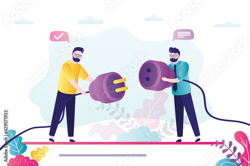 Two business people connect wires. Businessmen pull plugs towards each other. Client and entrepreneur, successful marketing company.