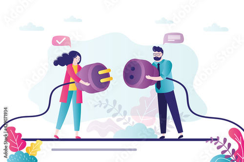 Two business people connect wires. Male and female character pull plugs towards each other. Concept of partnership and teamwork. Business conversation, cooperation.