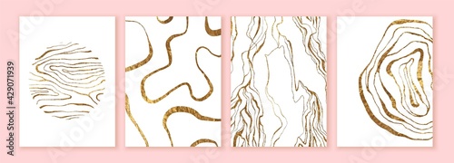 Set of cards with luxury gold marble texture, geodes, abstract landscape. Curly modern line art design. Stone crack imitation.