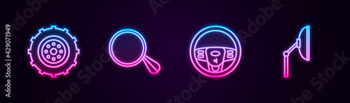Set line Car wheel, mirror, Steering and Windscreen wiper. Glowing neon icon. Vector