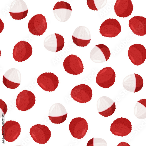 Tropical fruit lychee background. Fresh exotic berry vector seamless pattern.