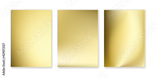 Gold papers collection in realistic style. Elegant golden foil set isolated on white background with shadows. Shiny metal sheets templates. Vector illustration.