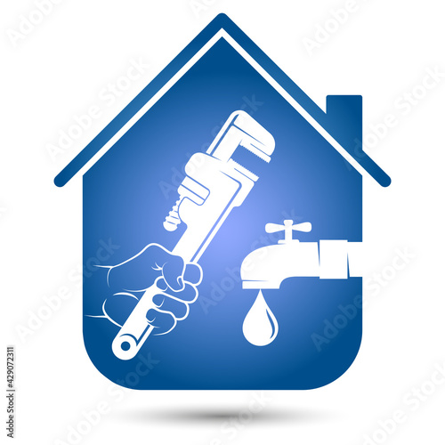 Wrench in hand and water tap, symbol for plumbing repair