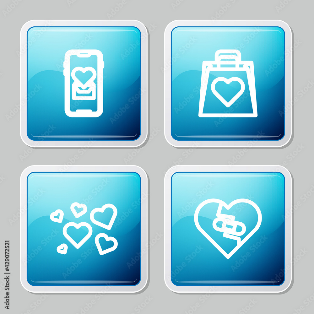 Set line Mobile with heart, Shopping bag, Heart and Healed broken icon. Vector Set line Mobile with heart, Shopping bag, Heart and Healed broken icon. Vector