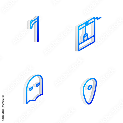 Set Isometric line Well with bucket, Medieval axe, Executioner mask and Shield icon. Vector