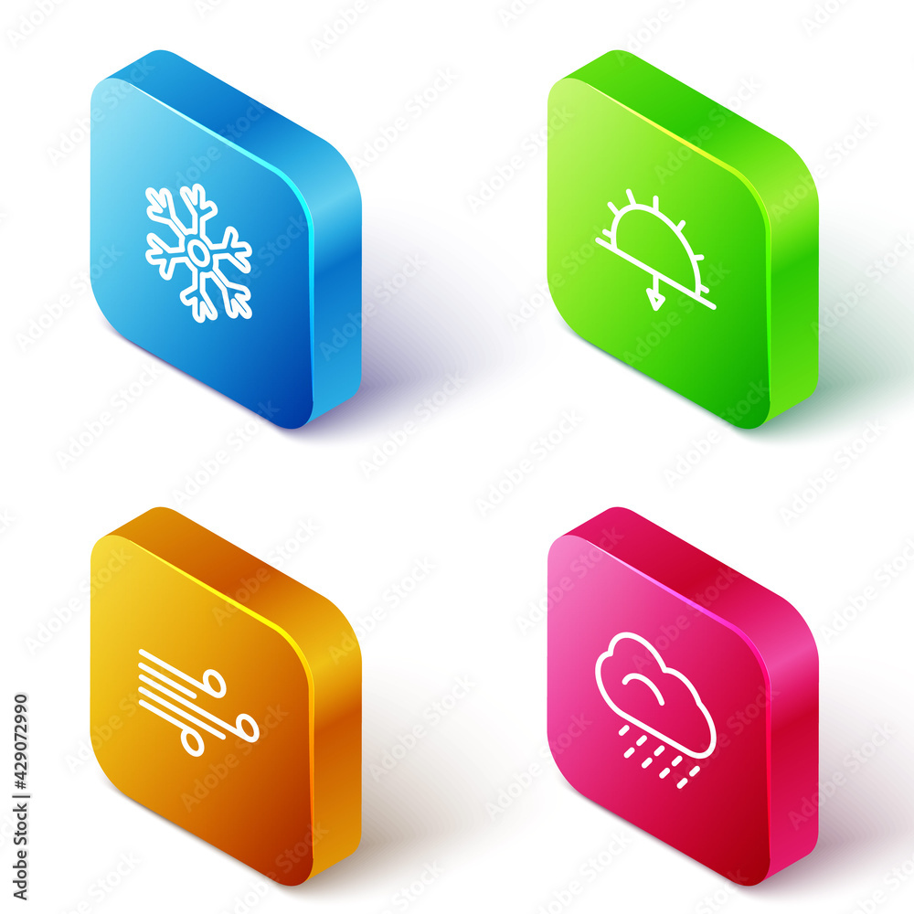 Set Isometric line Snowflake, Sunset, Wind and Cloud with rain icon. Vector Set Isometric line Snowflake, Sunset, Wind and Cloud with rain icon. Vector