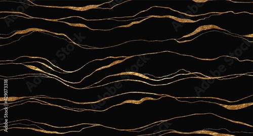 Golden glitter and black abstract marble stone, wood design, natural texture, waves, curls. Luxury ink, liquid stains, abstract landscape. Patterns, covers, logo, branding template.