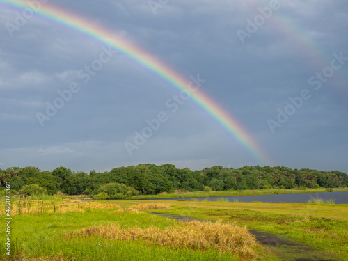 Rainbow in a dark stormy sky over Myakka River State Park in Sarasota Florida USA