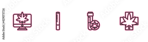 Set line Monitor and marijuana or cannabis, Chemical test tube with, Marijuana joint and Medical leaf icon. Vector