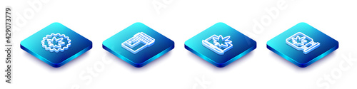 Set Isometric line Marijuana or cannabis leaf, Medical bottle with, Laptop and marijuana and store icon. Vector