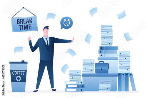 Coffee break time. Office paper work, businessman at workplace. Huge heap of paper documents, folders. Male employee need timeout hard work.