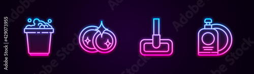Set line Bucket with soap suds, Washing dishes, Mop and Dishwashing liquid bottle and plate. Glowing neon icon. Vector